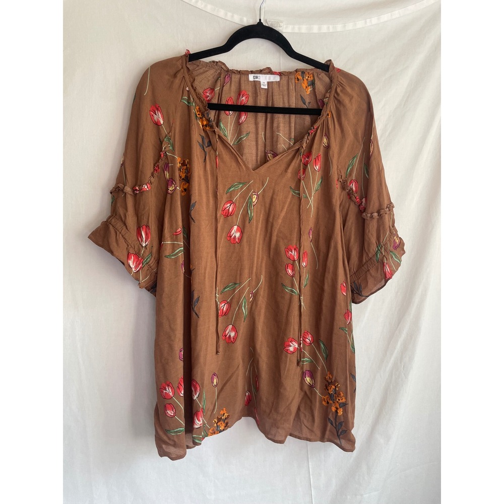 DR2 Brown Floral Tulip Peasant Blouse Ruffle Sleeve Boho Top 2X DRX22369RYL